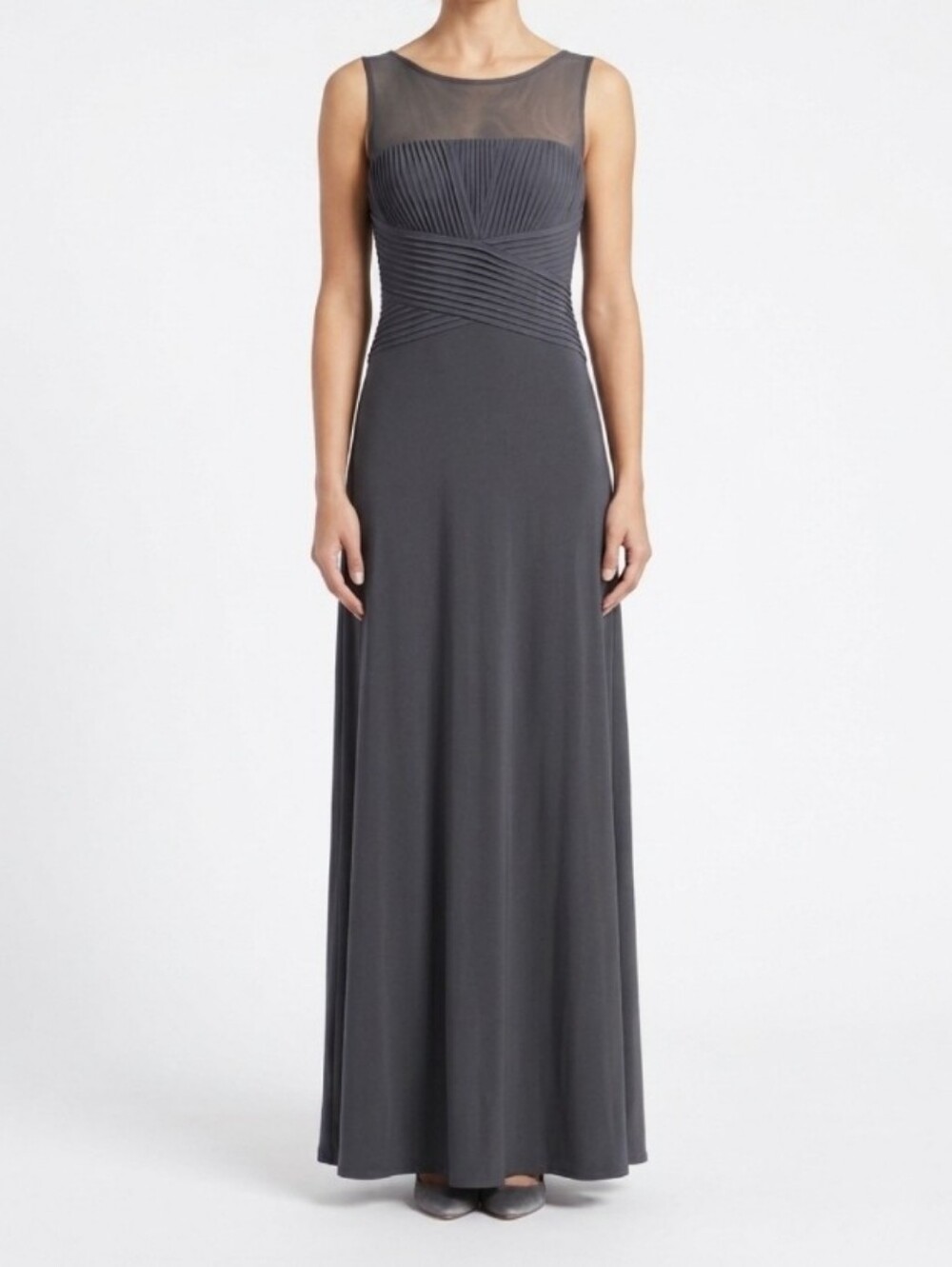 Calvin Klein Charcoal Gray Maxi Long Dress Stretch Lined Sleeveless Mesh Sz 4